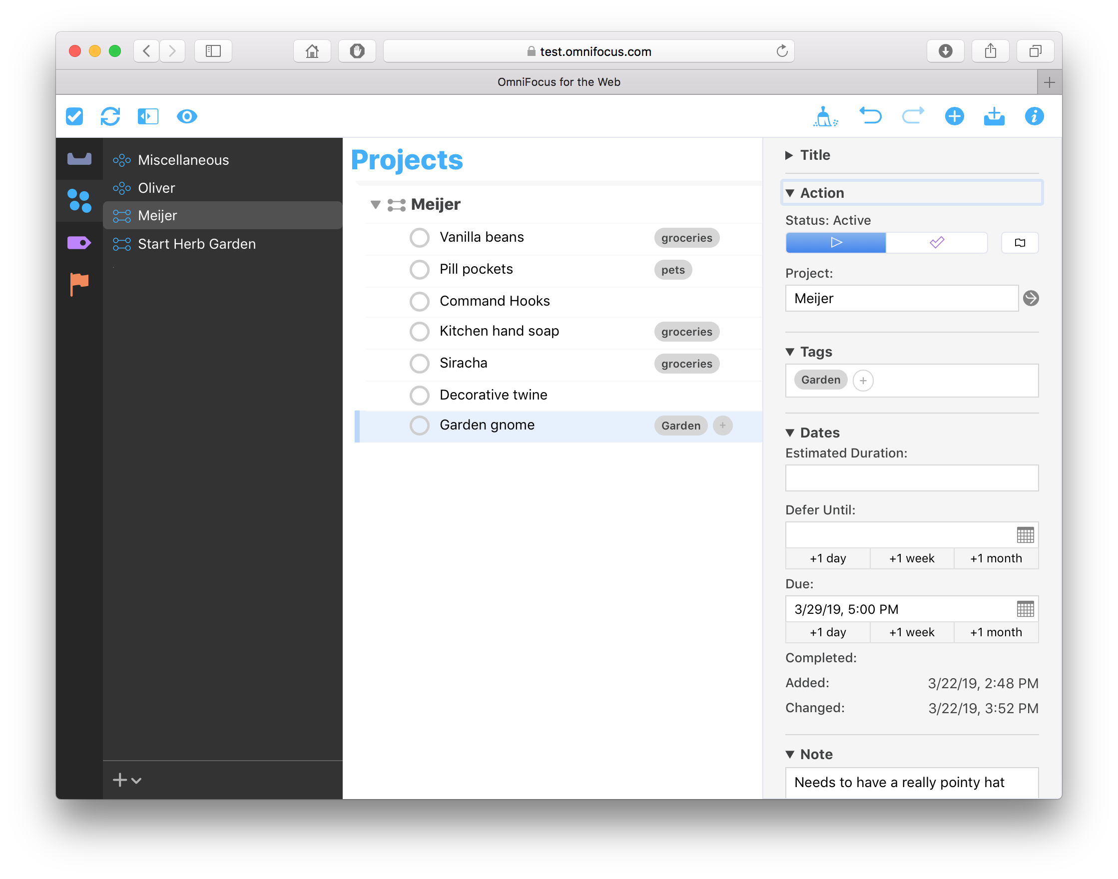 Screen shot of the public test of OmniFocus for the Web, looking at the details of a Project