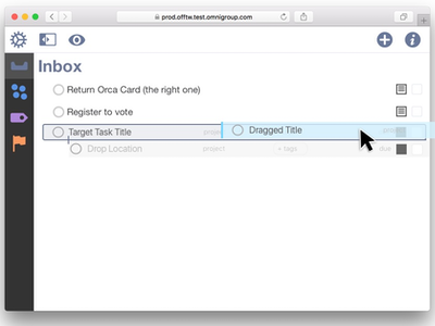 A High fidelity mockup of OmniFocus for the web showing the drag and drop function of grouping tasks